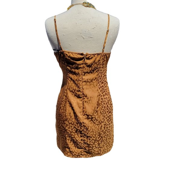 Forever21 Womans Bronze Leopard Print Spaghetti Strap Satin Dress Mini Medium - Picture 2 of 11